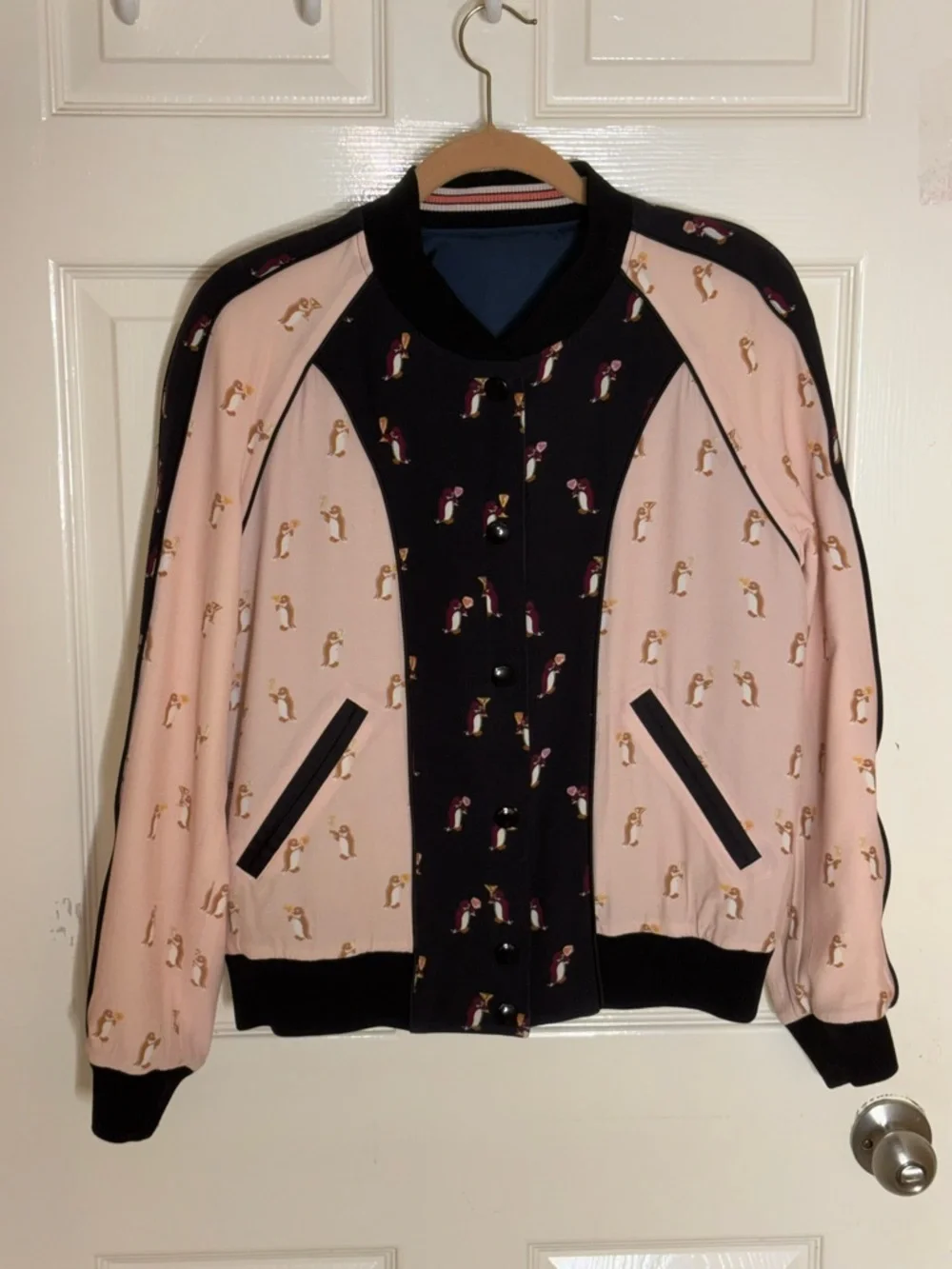 COACH Women’s Bomber REVERSIBLE Varsity Jacket Floral Print Colorblock Satin Med - Picture 9 of 12
